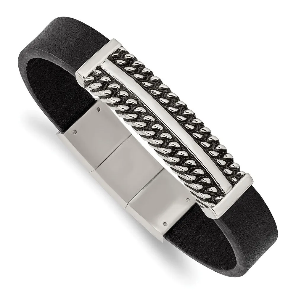 Stainless Steel Black Leather Antiqued I.D. Bracelet, 8 - 8.5 Inch