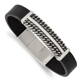 Stainless Steel Black Leather Antiqued I.D. Bracelet, 8 - 8.5 Inch