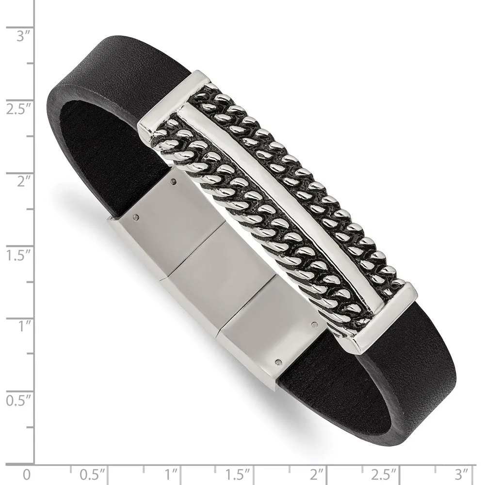 Stainless Steel Black Leather Antiqued I.D. Bracelet, 8 - 8.5 Inch