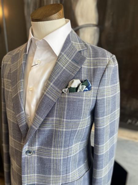 STEEL BLUE PLAID AND PEAR GREEN. SOFT COAT