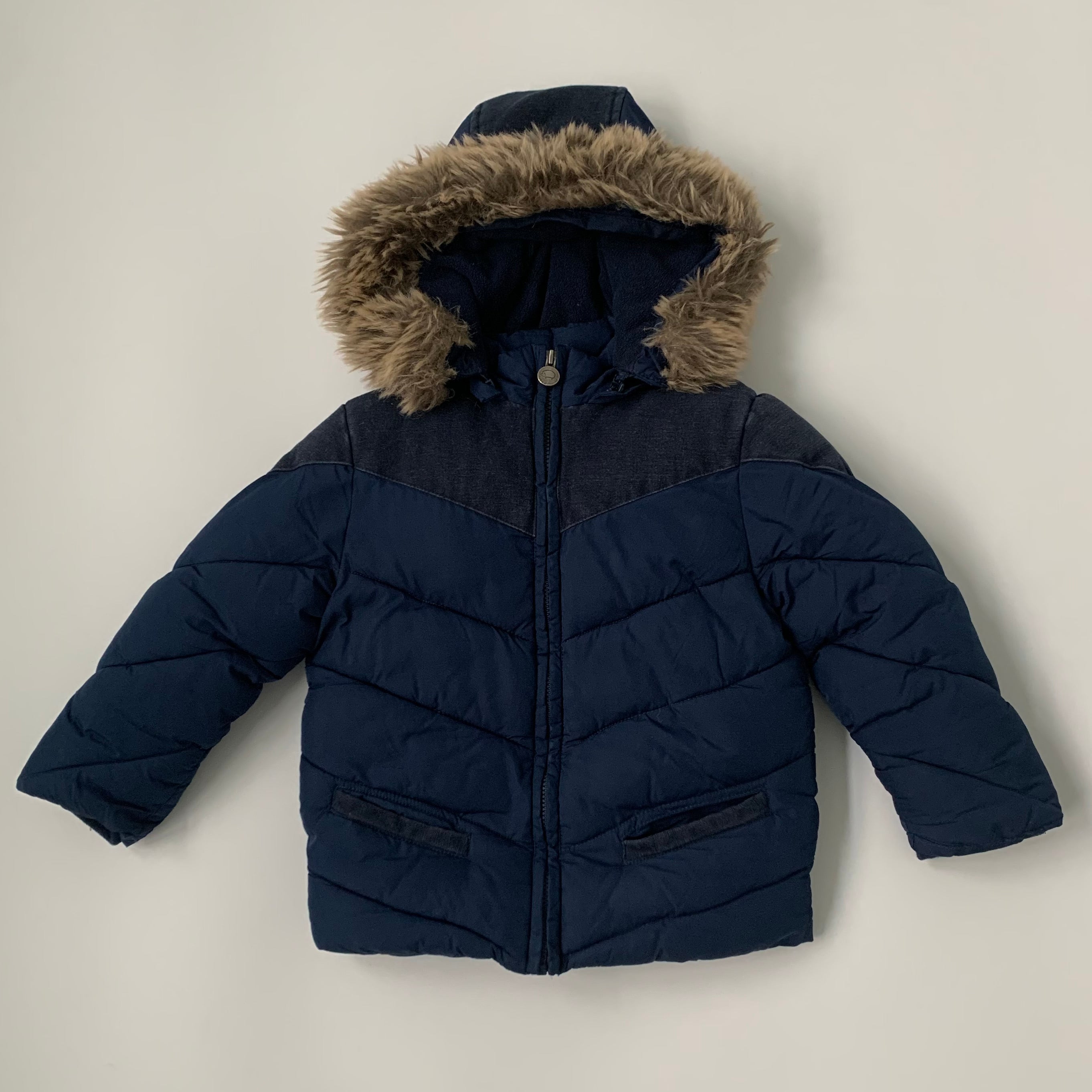 Tartine et Chocolat Navy Coat With Faux Fur Trim: 3 Years