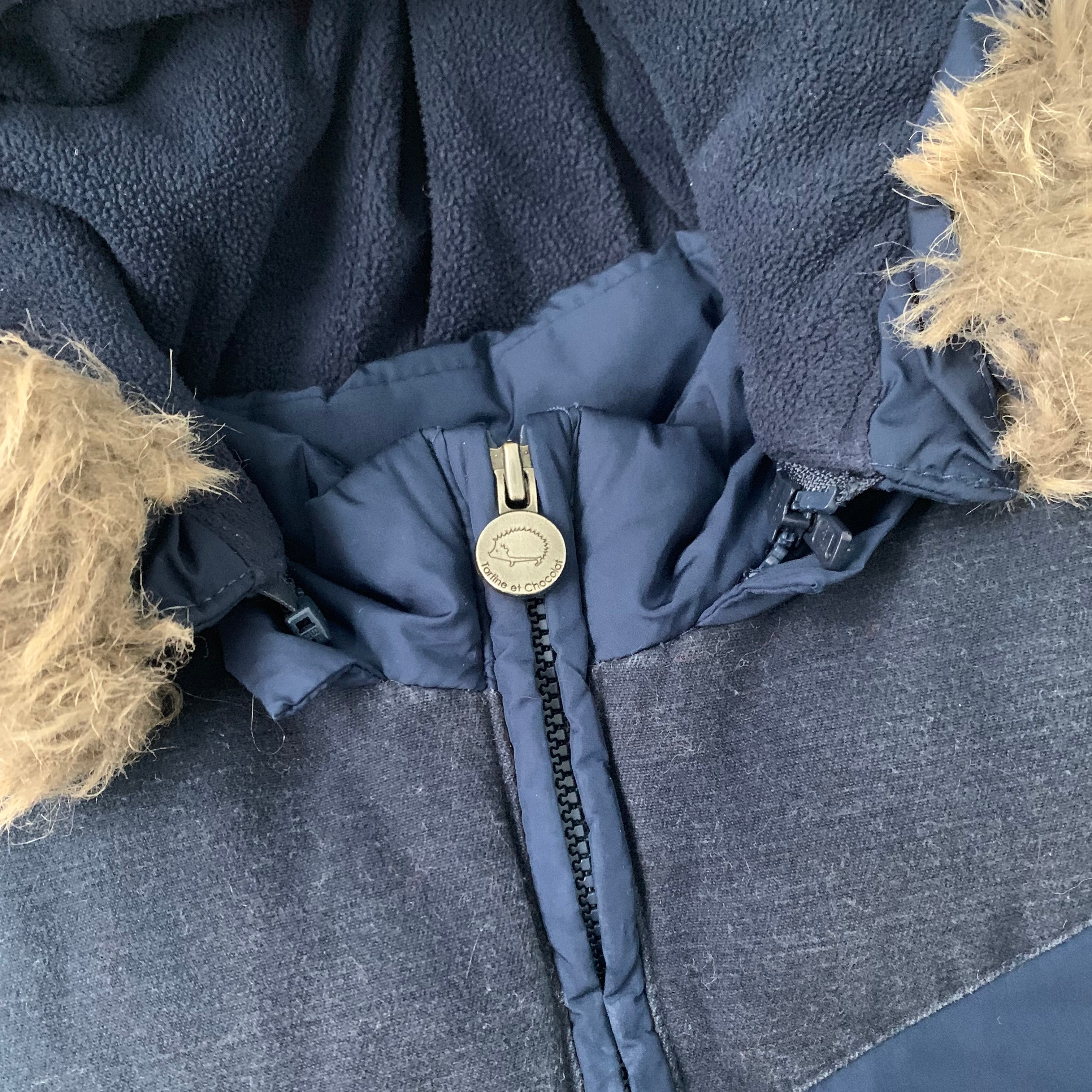 Tartine et Chocolat Navy Coat With Faux Fur Trim: 3 Years