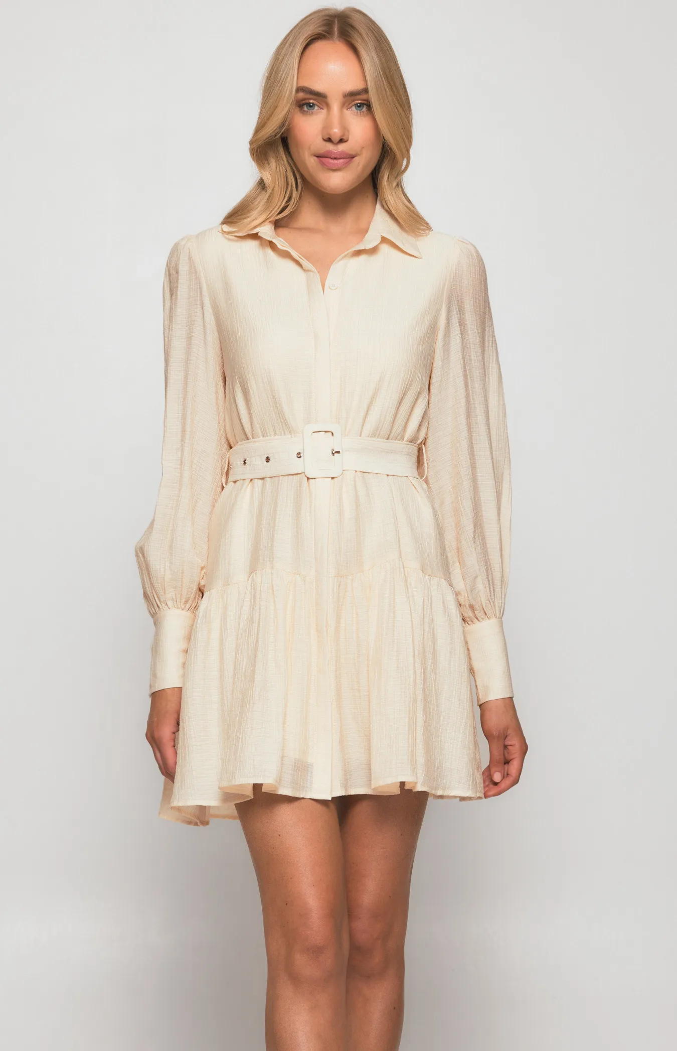 Textured Shirt Dress with Ruffle Hem and Belt (WDR440A) 