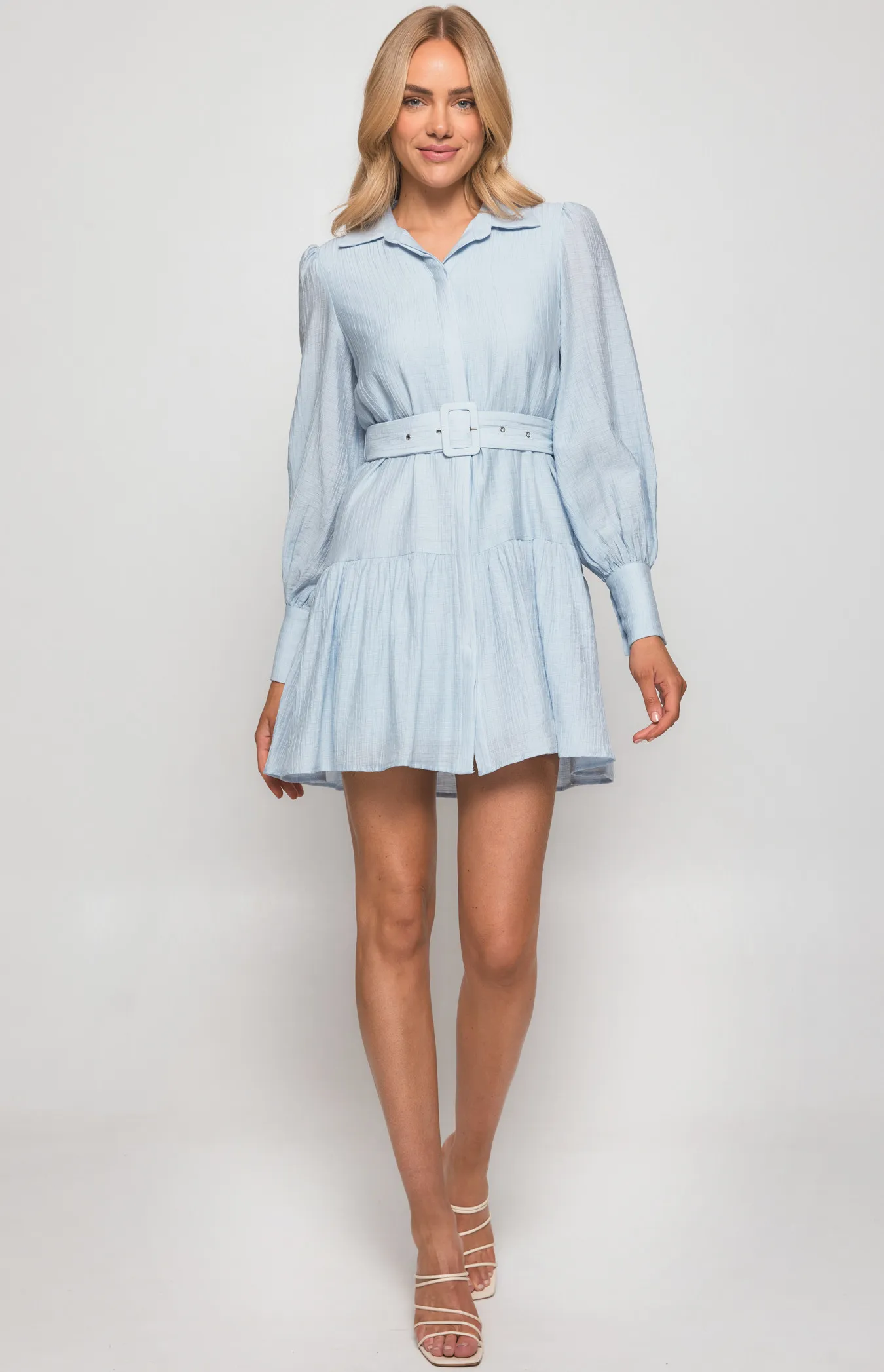 Textured Shirt Dress with Ruffle Hem and Belt (WDR440A) 