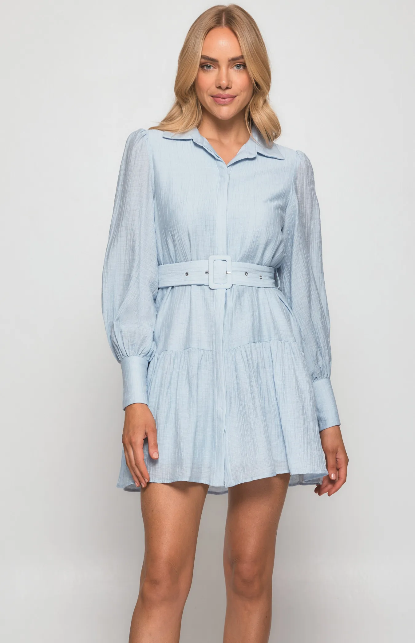 Textured Shirt Dress with Ruffle Hem and Belt (WDR440A) 