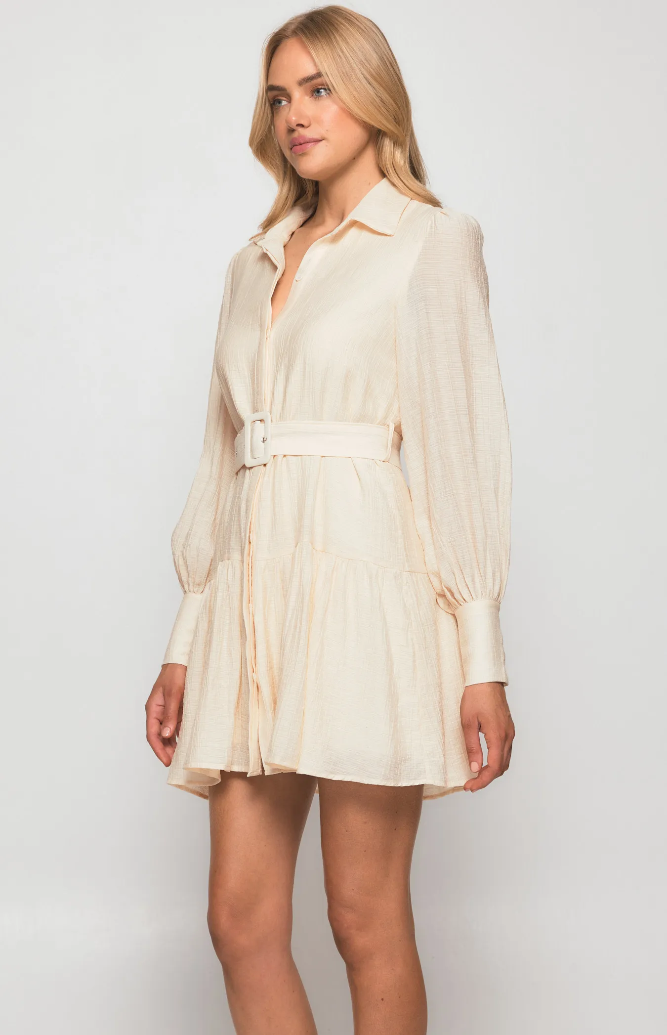 Textured Shirt Dress with Ruffle Hem and Belt (WDR440A) 