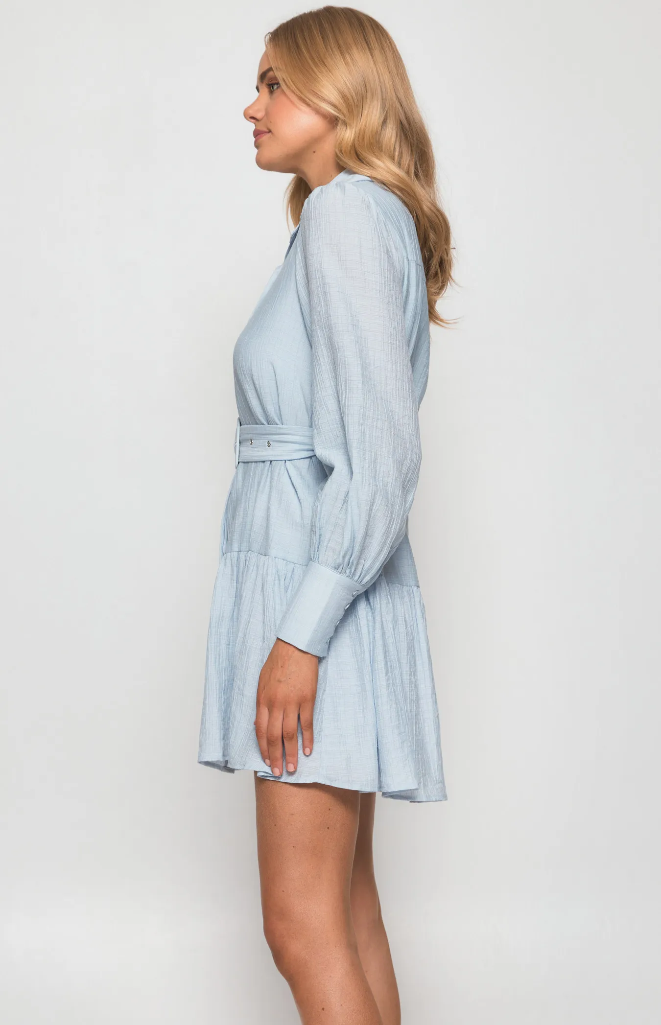 Textured Shirt Dress with Ruffle Hem and Belt (WDR440A) 