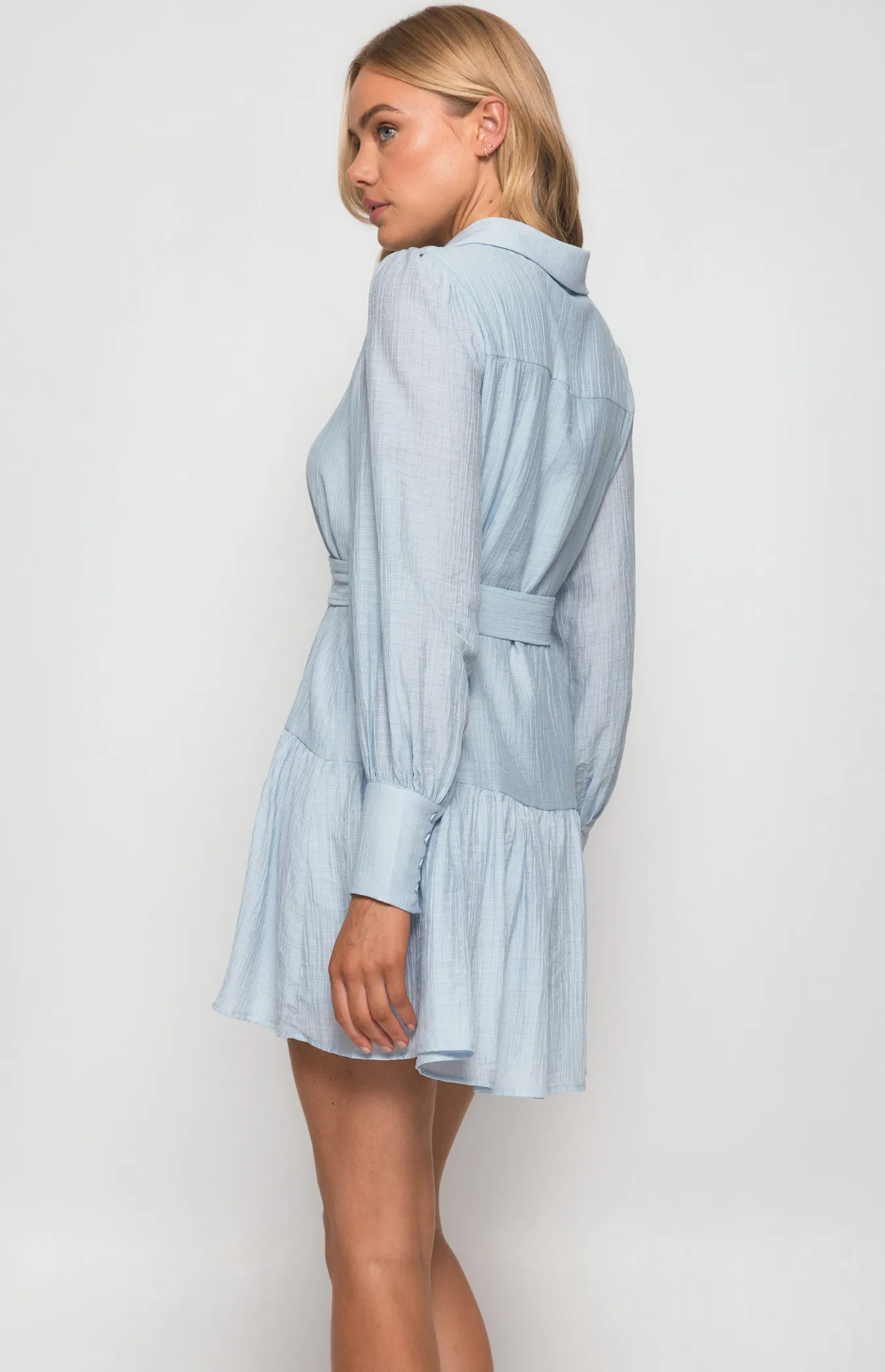 Textured Shirt Dress with Ruffle Hem and Belt (WDR440A) 