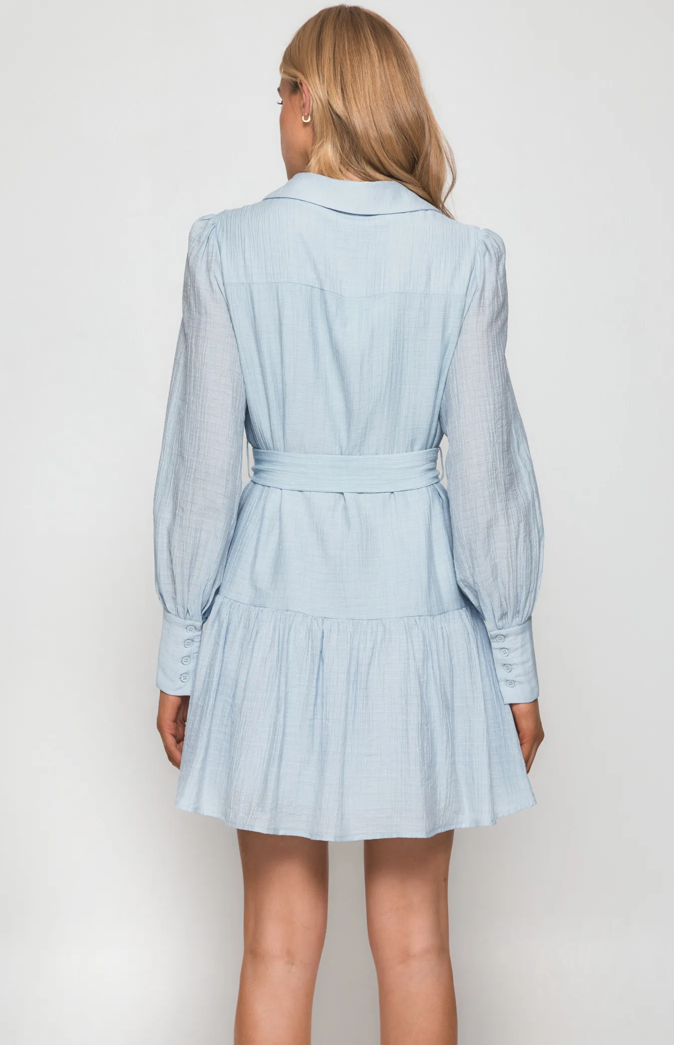 Textured Shirt Dress with Ruffle Hem and Belt (WDR440A) 