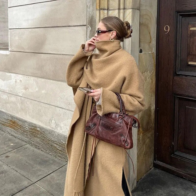 Women Scarf Collar Tassel Woolen Warm Long Coats Autumn Soft Loose Long Sleeve Wool Jacket 2023 Winter Warm Lady Street Overcoat