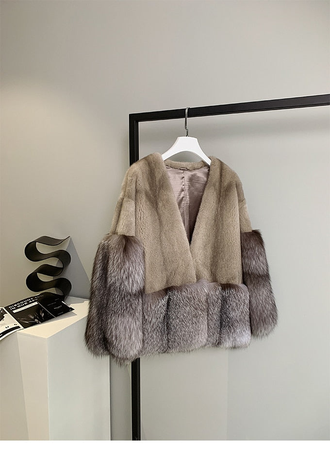 Women's Casual Natural Imported Real Fox Mink Fur Short Winter Jacket