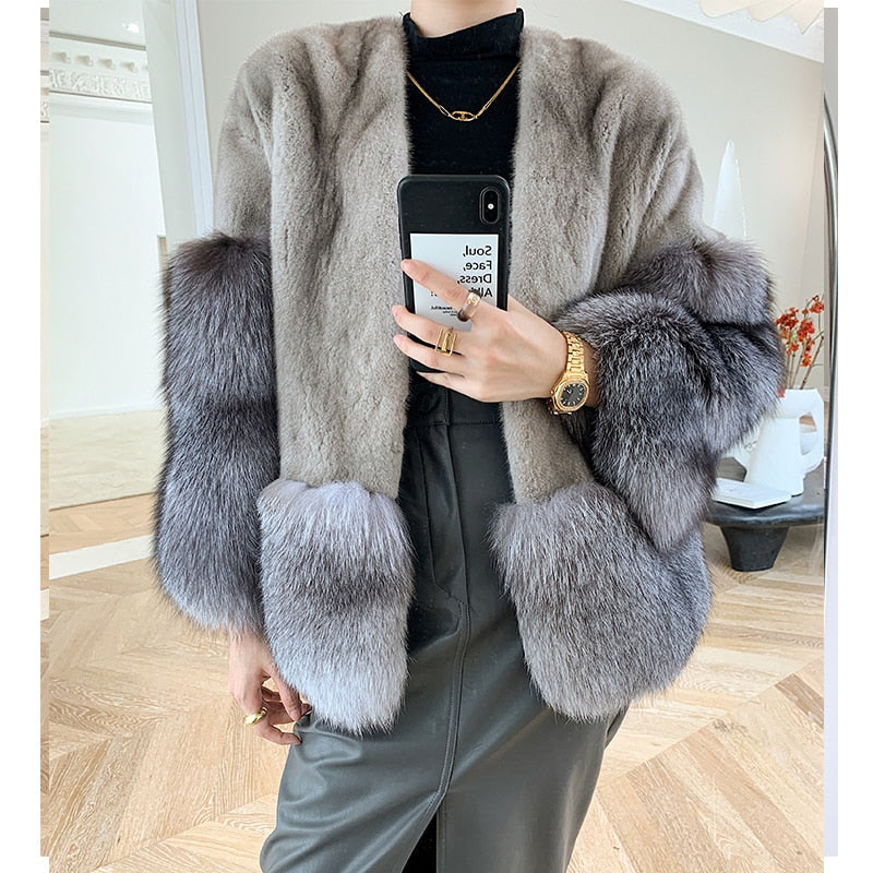 Women's Casual Natural Imported Real Fox Mink Fur Short Winter Jacket