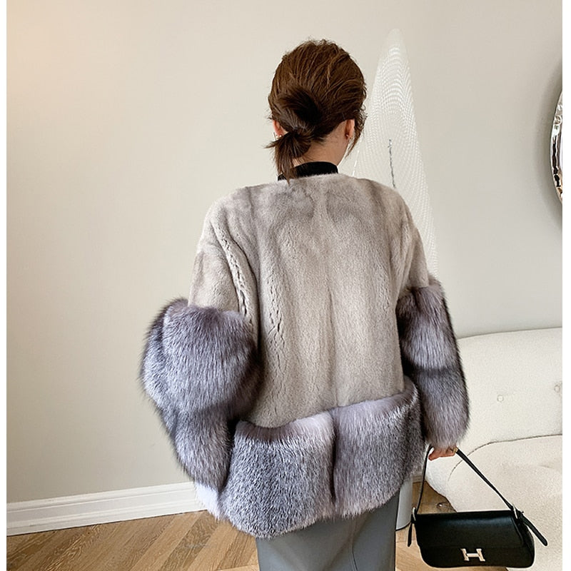 Women's Casual Natural Imported Real Fox Mink Fur Short Winter Jacket