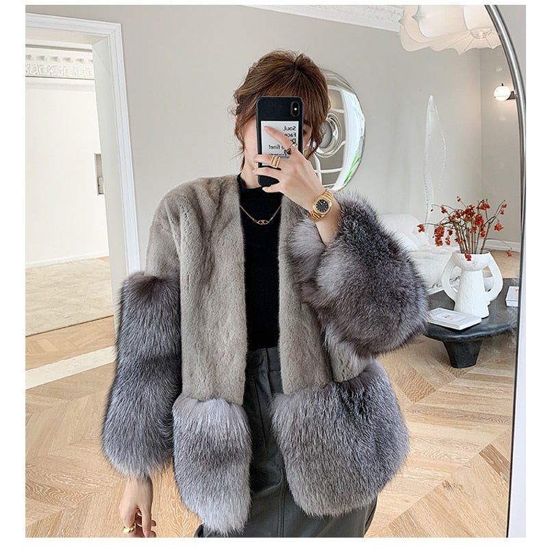 Women's Casual Natural Imported Real Fox Mink Fur Short Winter Jacket