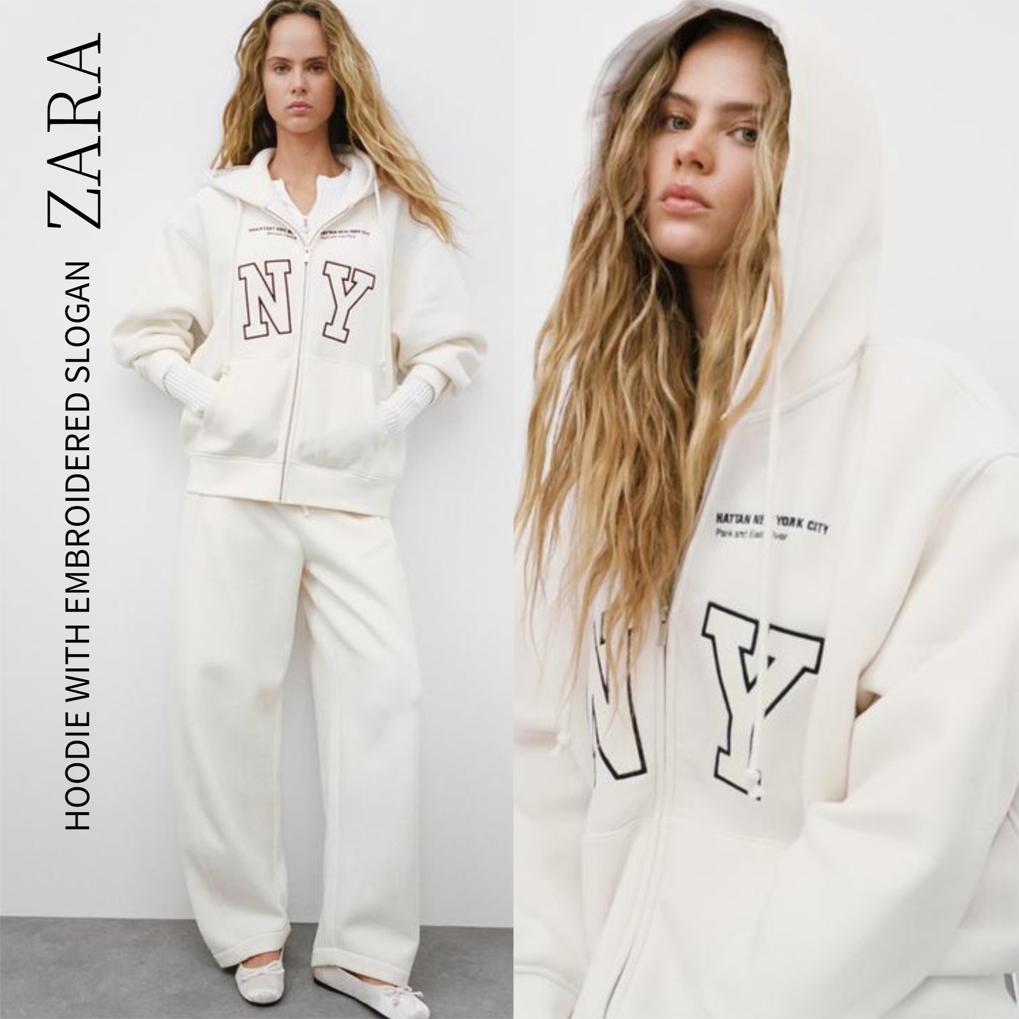 ZARA  |EMBROIDERED TEXT HOODED SWEATSHIRT