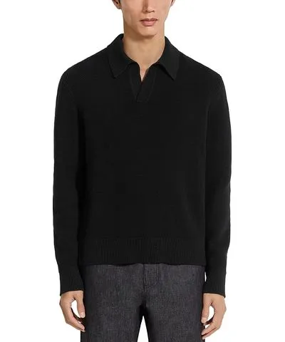 Zegna Melange Oasi Cashmere Textured Long Sleeve Polo Shirt